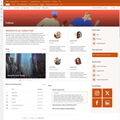 Screenshot of a SharePoint “Culture” intranet page with a welcome message, employee profile cards, a featured news item, recent documents, FAQs, quick links, and social media icons.