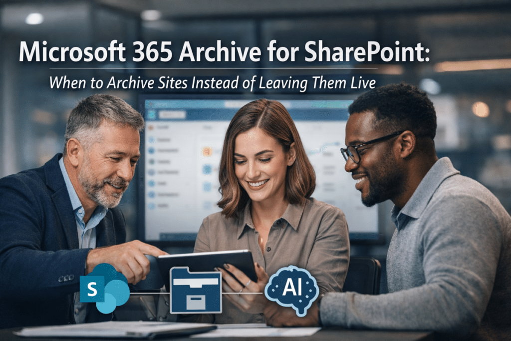 Three business professionals reviewing SharePoint archive planning on a tablet, illustrating Microsoft 365 Archive for SharePoint and inactive site lifecycle decisions.