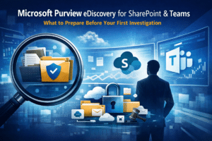 Professional hero image showing Microsoft Purview eDiscovery for SharePoint and Teams with investigation visuals, secure file folders, digital dashboards, and collaboration icons.