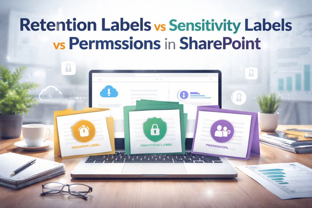 Professional SharePoint hero image comparing retention labels, sensitivity labels, and permissions with labeled document icons in a modern office workspace