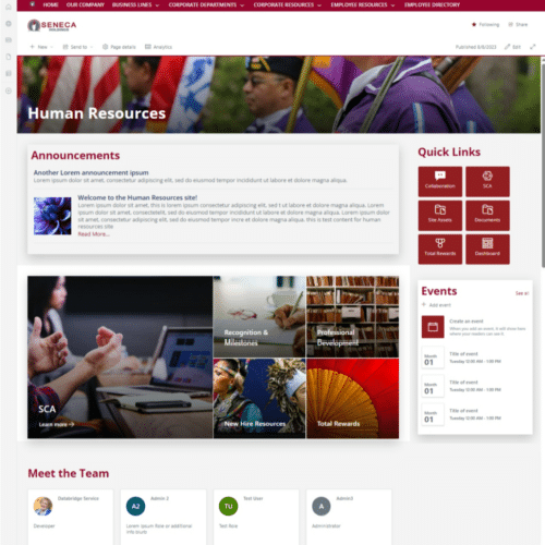 Screenshot of a SharePoint human resources intranet homepage with announcements, quick links, events, featured resource tiles, and team member cards.