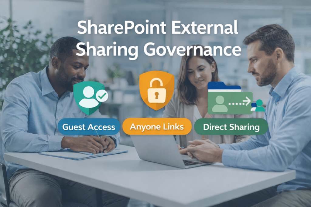Professional hero image for a SharePoint External Sharing Governance blog post showing three business professionals collaborating in a modern office with visual labels for Guest Access, Anyone Links, and Direct Sharing.