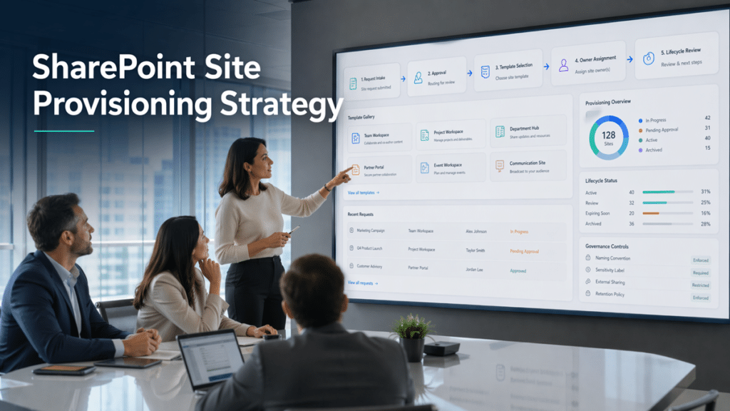 Business team reviewing a SharePoint site provisioning strategy with request workflows, template selection, ownership, and lifecycle controls on a digital screen