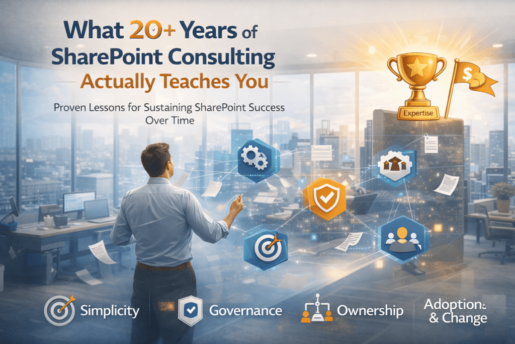 Experienced SharePoint consultant reviewing governance, ownership, security, and adoption priorities in a modern office setting