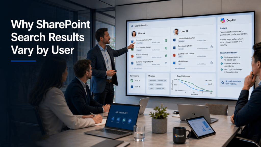 Business team reviewing why SharePoint search results vary by user with side-by-side search results, permissions, metadata, and Copilot insights on a digital screen