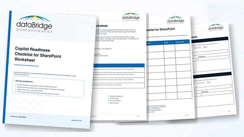 Four-page preview collage of the Copilot Readiness Checklist for SharePoint Worksheet.