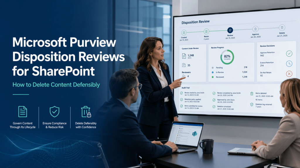 Microsoft Purview disposition review SharePoint dashboard with compliance team planning defensible deletion
