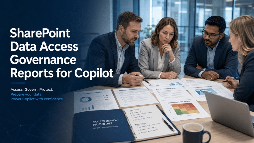 Consulting team reviewing SharePoint Data Access Governance reports, permissions, oversharing risks, and site access priorities before Copilot rollout.