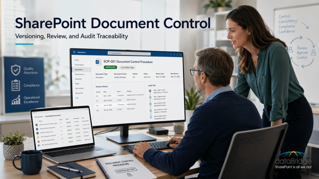 SharePoint document control dashboard showing version history approval status review dates and audit traceability