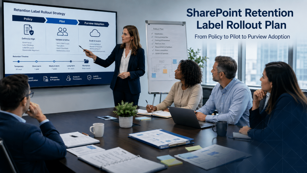 SharePoint retention label rollout plan showing a consultant-led team reviewing policy, pilot scope, metadata, timeline, and Purview adoption strategy
