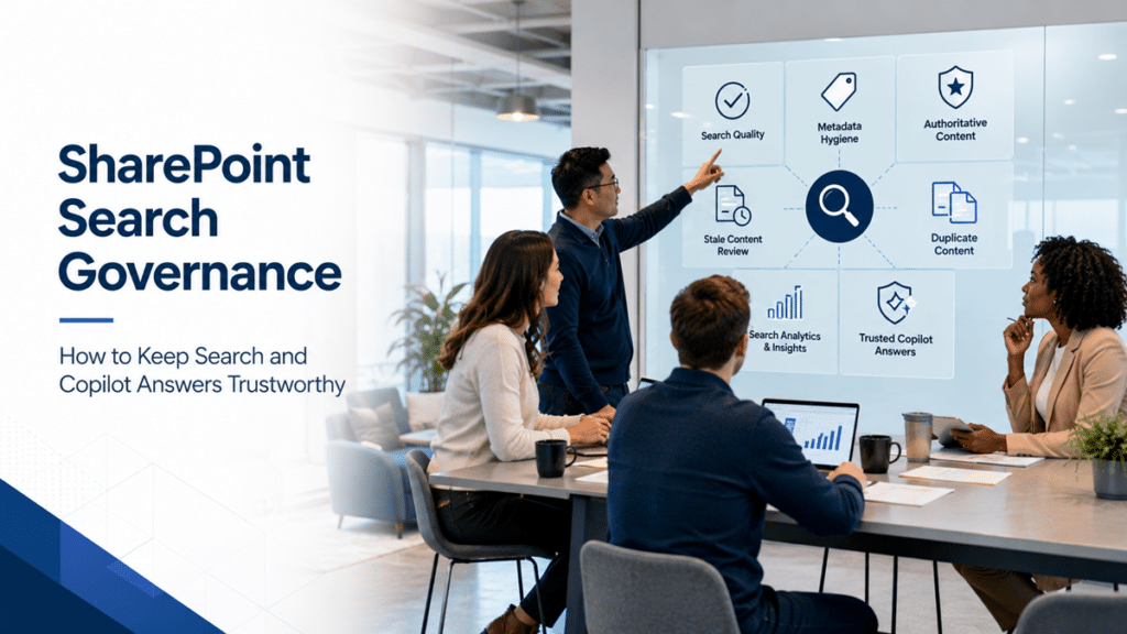 SharePoint search governance hero image showing a team reviewing search quality, metadata hygiene, authoritative content, stale content, duplicate content, analytics, and trusted Copilot answers
