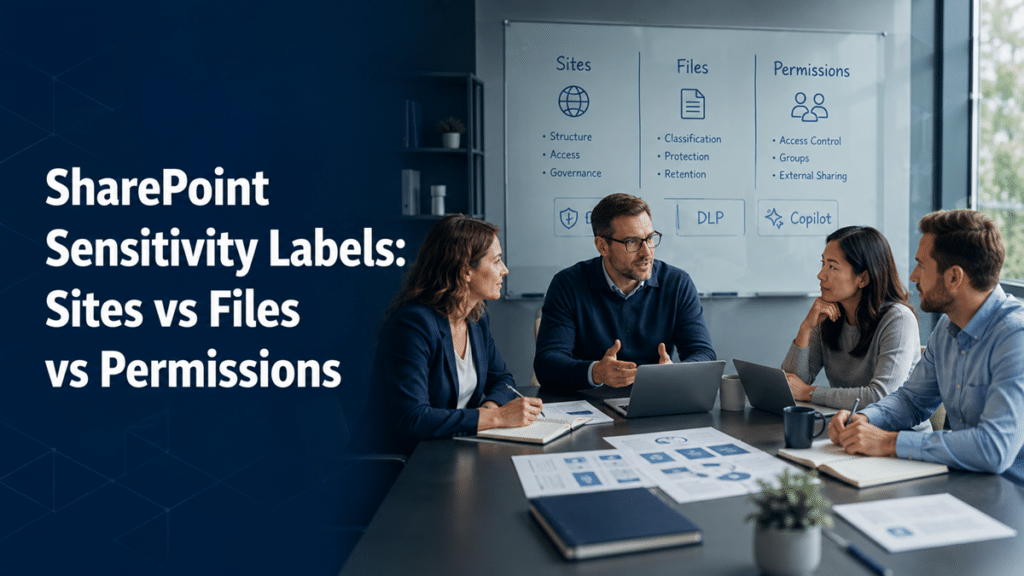 Enterprise team reviewing SharePoint sensitivity labels for sites, files, permissions, DLP, and Copilot readiness.