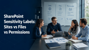Enterprise team reviewing SharePoint sensitivity labels for sites, files, permissions, DLP, and Copilot readiness.