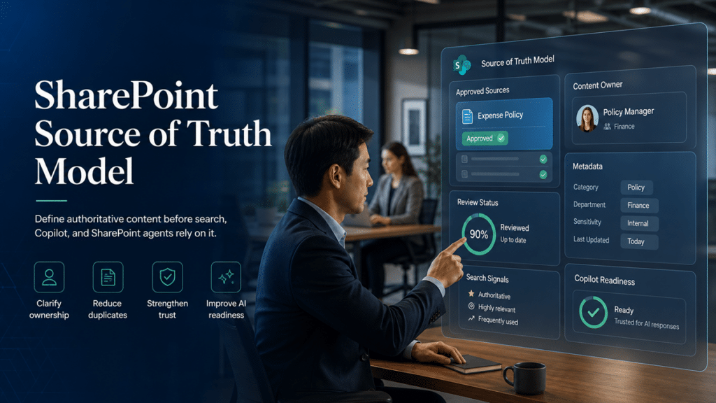 SharePoint source of truth model showing authoritative content, ownership, metadata, review status, search signals, and Copilot readiness