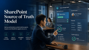SharePoint source of truth model showing authoritative content, ownership, metadata, review status, search signals, and Copilot readiness