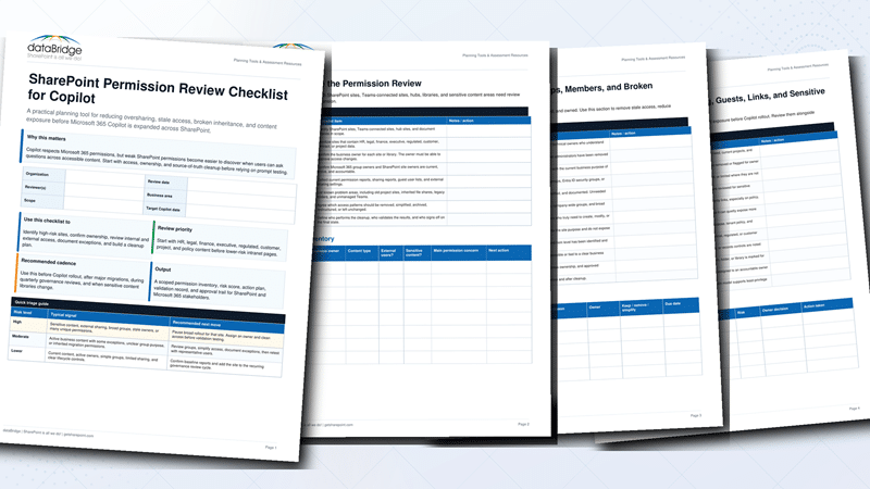 Four-page preview collage of the SharePoint Permission Review Checklist for Copilot.