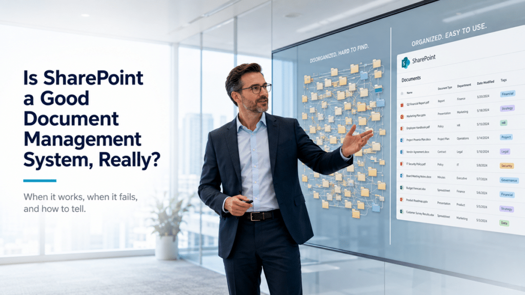 Business professional presenting a comparison between disorganized nested folders and an organized SharePoint document library with metadata in a bright modern office.
