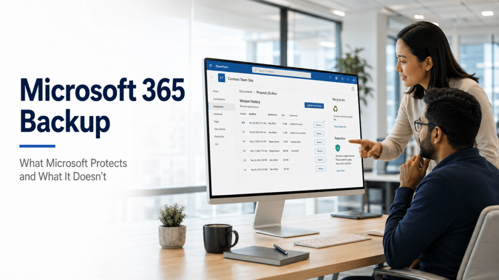 Two colleagues review a SharePoint document library screen showing version history, restore options, recycle bin, and retention indicators for Microsoft 365 backup planning.