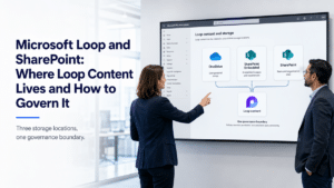 Consultant and IT administrator review a Microsoft 365 admin diagram showing Loop content connected to OneDrive, SharePoint Embedded, and SharePoint storage locations.