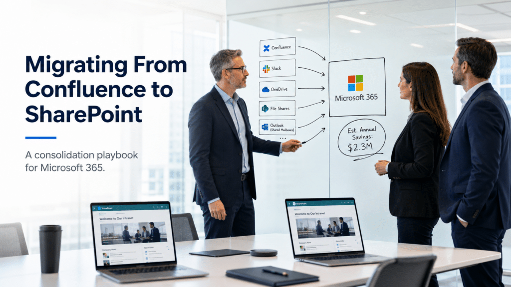 Three business professionals review a platform consolidation diagram showing Confluence and other tools moving into Microsoft 365 in a bright modern office.