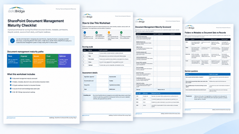 Preview of the SharePoint Document Management Maturity Checklist showing the first four pages, including maturity paths, scoring instructions, a scorecard, and a folders vs metadata comparison matrix.