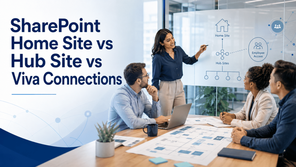 Professional team planning SharePoint home site, hub site, and Viva Connections intranet structure in a modern office.