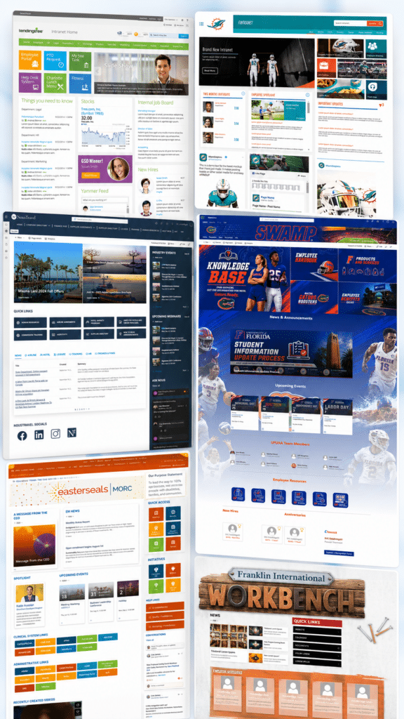 Collage of SharePoint intranet examples showcasing dataBridge workplace portal and intranet design work.