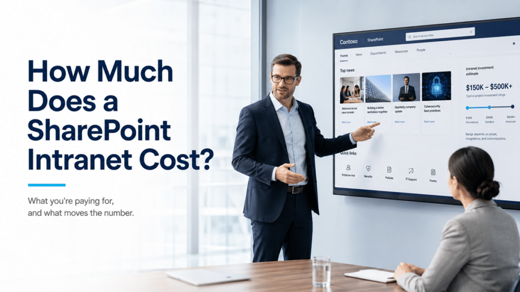 Consultant presenting a SharePoint intranet cost estimate with news, navigation, quick links, and an investment range on a wall-mounted screen.