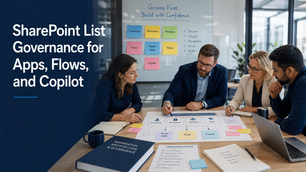 Enterprise team reviewing SharePoint list governance for Power Apps, Power Automate flows, metadata, permissions, and Copilot readiness