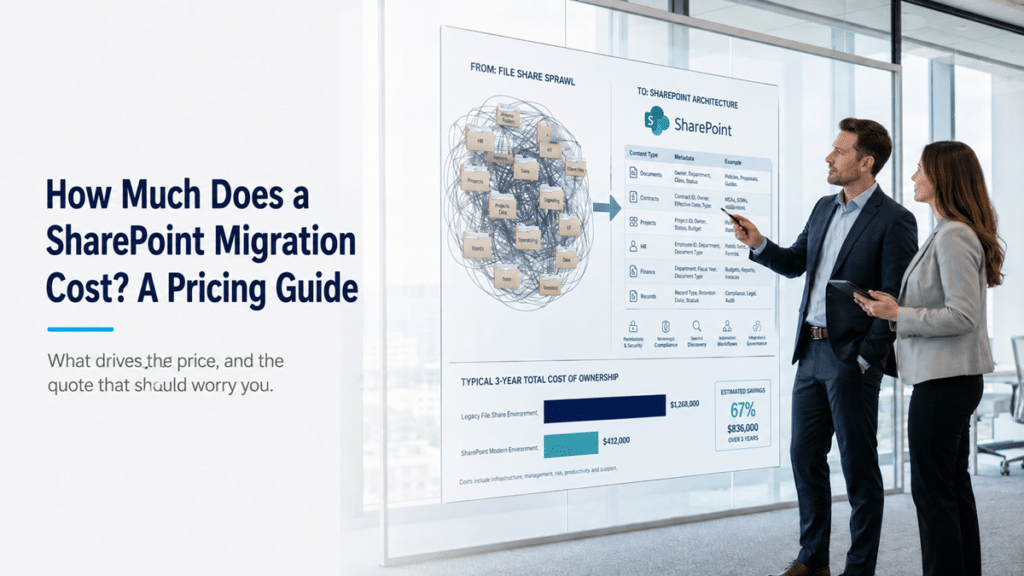 Two consultants review a SharePoint migration cost plan showing file share sprawl, SharePoint architecture, metadata planning, and a cost breakdown in a bright corporate office.