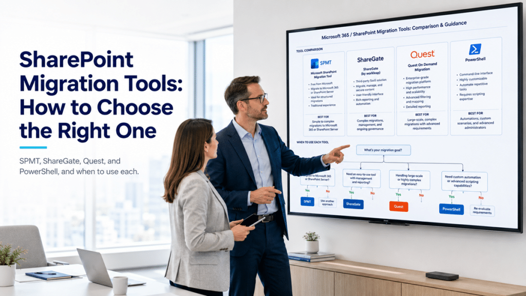 Two consultants review a SharePoint migration tools comparison showing SPMT, ShareGate, Quest, and PowerShell options on a wall-mounted screen.