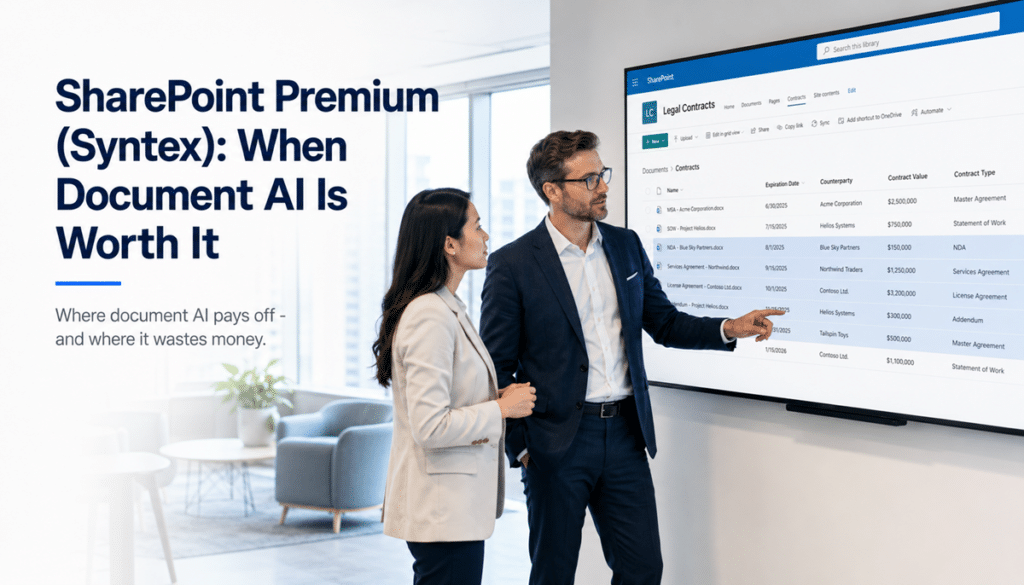 Two professionals review a SharePoint contract library with metadata columns for expiration date, counterparty, and contract value in a bright modern office.