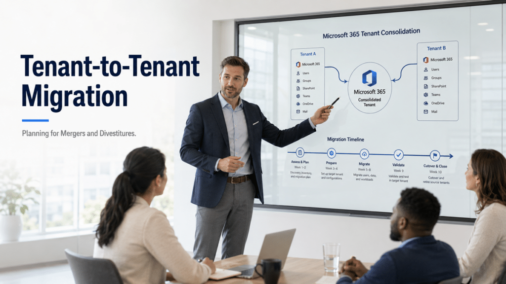 Consultant presenting a Microsoft 365 tenant-to-tenant migration diagram with Tenant A and Tenant B consolidating into a single tenant during a business planning meeting.