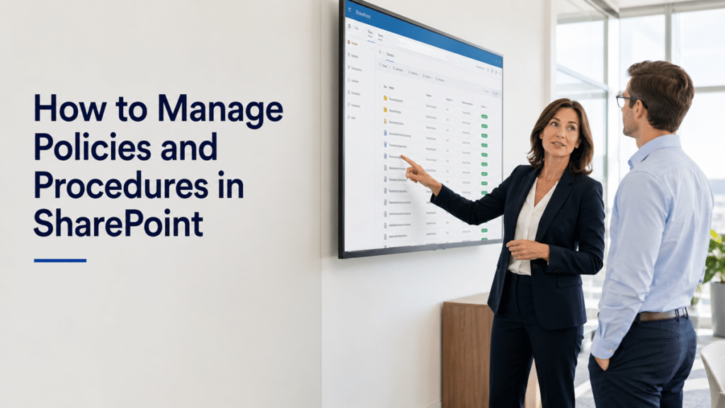 HR and compliance leaders reviewing a governed SharePoint policy and procedure library with document owners, versions, review dates, and approval status.