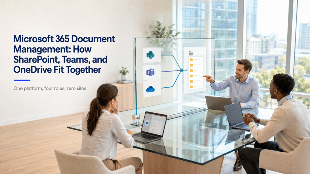 Three professionals using SharePoint, Teams, and OneDrive to organize content in a central Microsoft 365 document library.