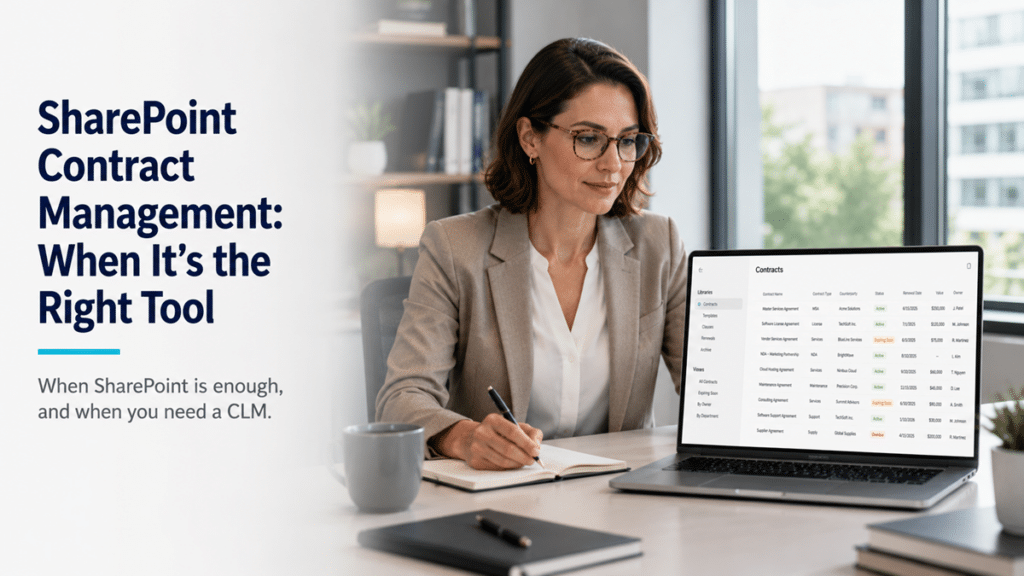 Legal professional reviews a SharePoint-style contract repository on a laptop with status labels, renewal dates, contract values, and metadata columns.