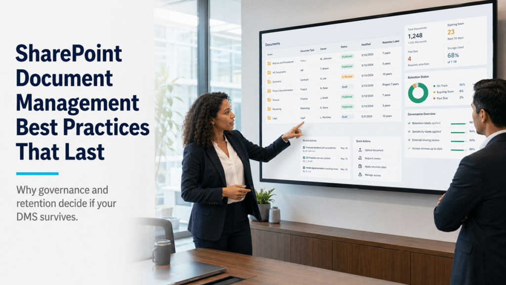 Two professionals review a document management dashboard showing metadata columns, status labels, retention tracking, and governance overview in a bright corporate office.
