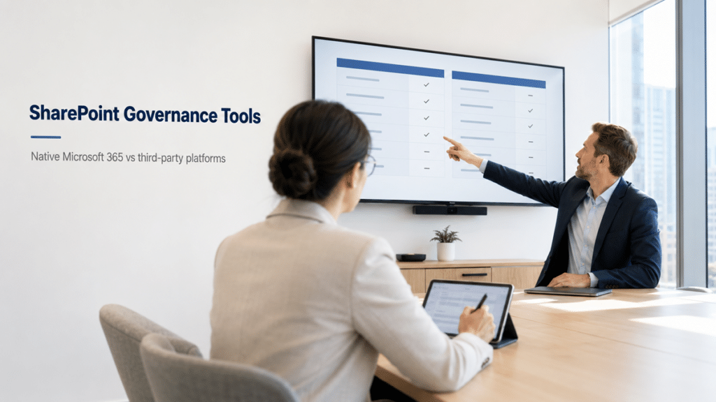 Consultants comparing native Microsoft 365 and third-party SharePoint governance tools in a modern meeting room.