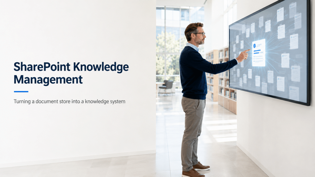 Professional standing at an interactive touchscreen in a bright office library with the headline SharePoint Knowledge Management and the subtitle Turning a document store into a knowledge system