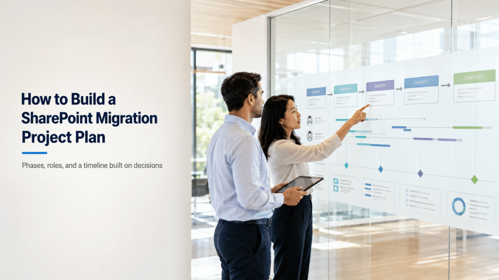 Two professionals reviewing a phased SharePoint migration project plan with timelines, swimlanes, roles, and milestone markers.