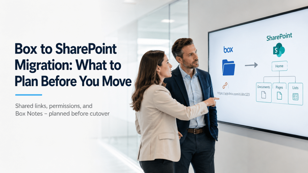 Two consultants review a Box-to-SharePoint migration diagram showing shared links, permissions, Box Notes, and the new SharePoint site structure.