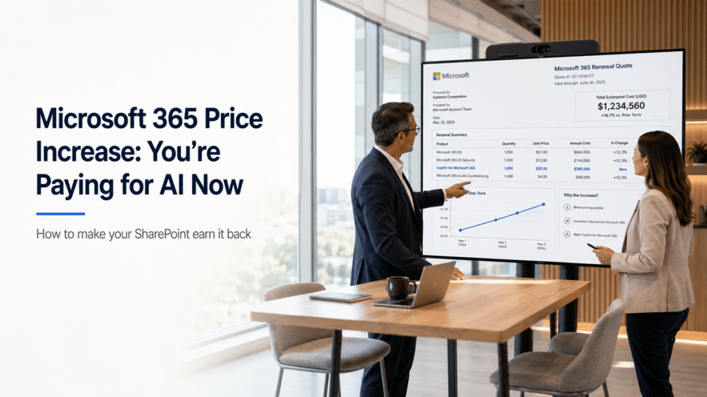 An IT leader and finance colleague review a Microsoft 365 renewal quote showing higher costs and a Copilot line item.