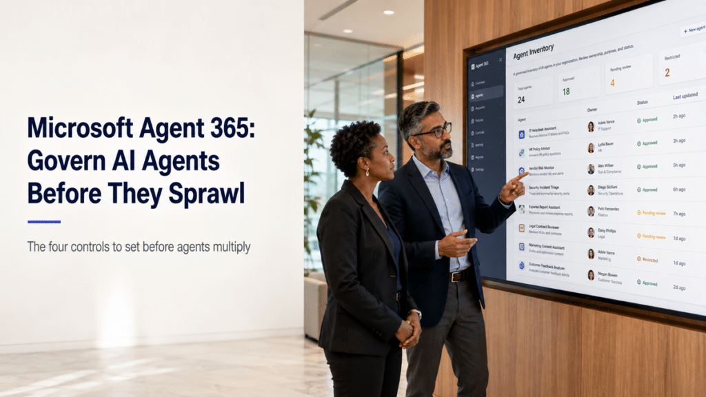 An IT director and security lead review an Agent 365 inventory showing AI agents with owners, identities, and governance status.