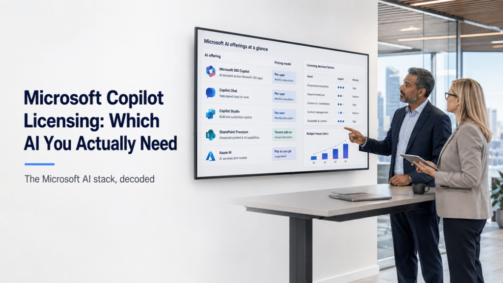 An IT leader and procurement colleague review a monitor showing Microsoft AI products and pricing models in a modern office.