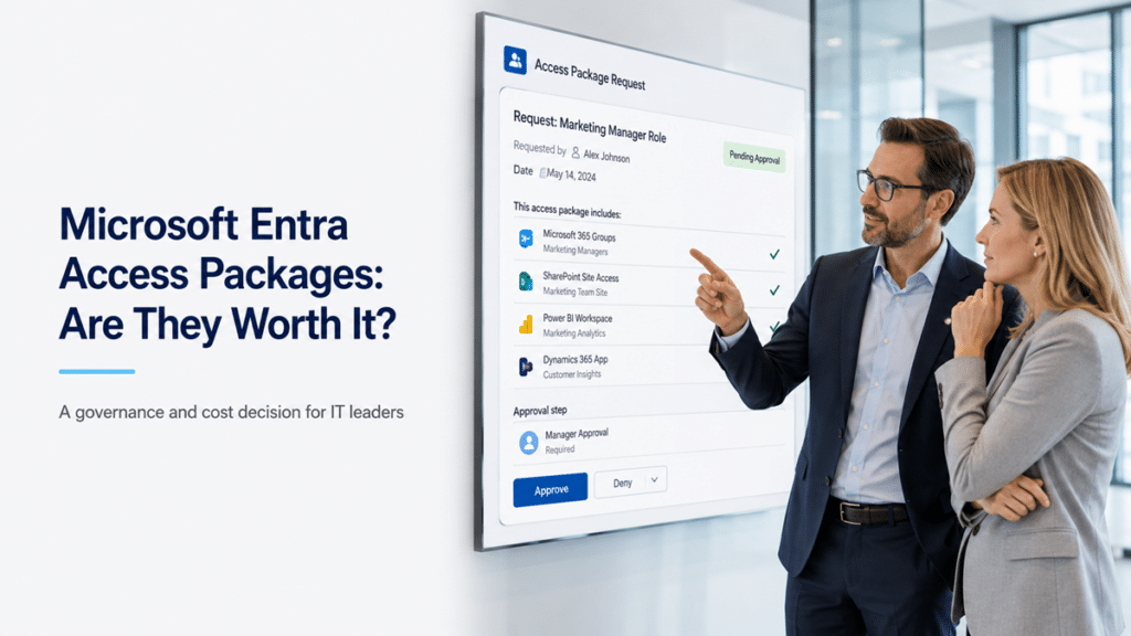 An IT leader and a business manager review a Microsoft Entra access package request on a large screen in a modern corporate office.