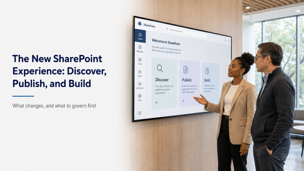 A SharePoint administrator and business stakeholder review the new SharePoint interface with Discover, Publish, and Build navigation.
