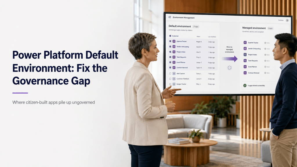 A Power Platform administrator and IT governance lead review apps being moved from the Default environment into a Managed environment.