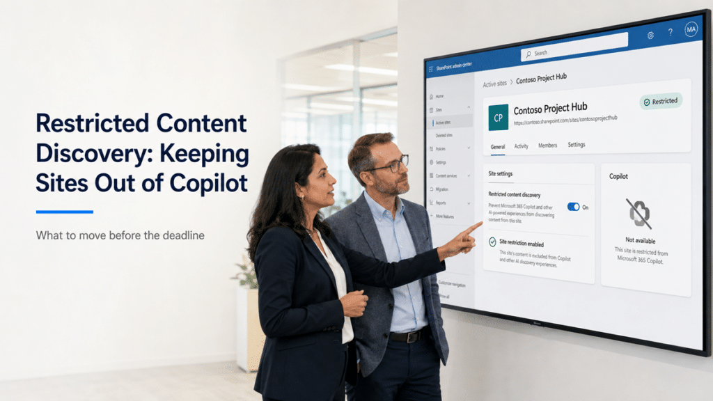 An IT security leader and SharePoint administrator review a restricted content discovery setting that excludes a SharePoint site from Copilot.