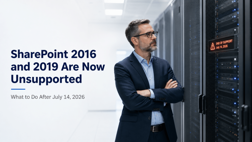 IT leader reviewing on-premises server infrastructure after SharePoint 2016 and 2019 reached end of support on July 14, 2026.