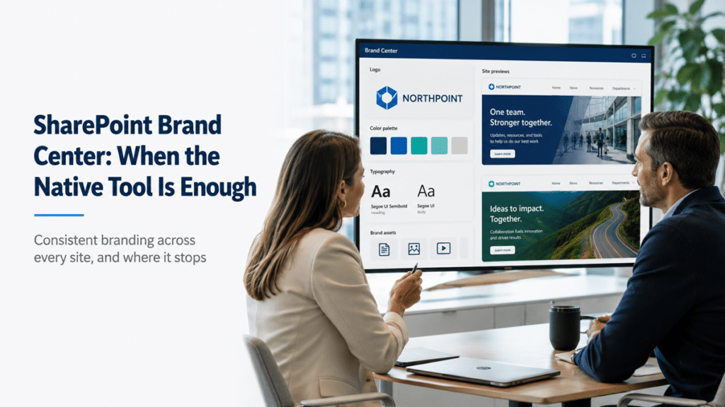 A brand manager and IT lead review SharePoint Brand Center settings with approved colors, typography, logo assets, and branded intranet previews.